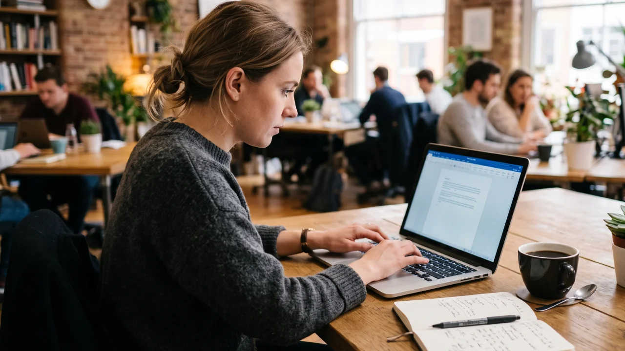 Osoba pisząca unikalny opis firmy na laptopie – poradnik SEO