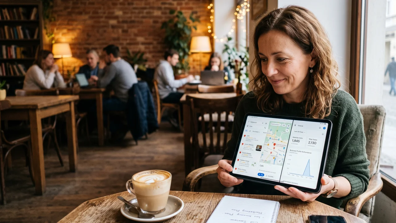 Przedsiębiorca analizujący lokalne wyniki wyszukiwania SEO na tablecie w kawiarni